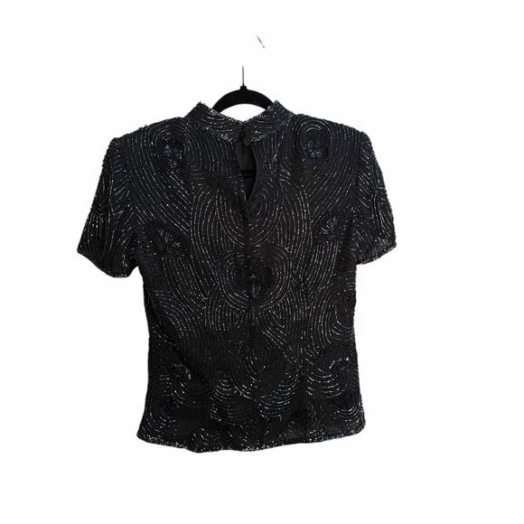 Papell Boutique Evening Beaded Sequin Silk Top Black Short Sleeve Size Small - Picture 15 of 16
